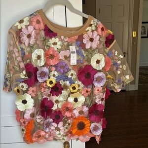 Anthropologie Floral Embroidered Mesh Top - Multicolor